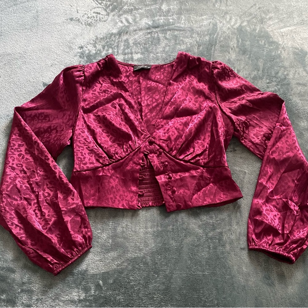 Milk and honey wine colored satin animal print crop top